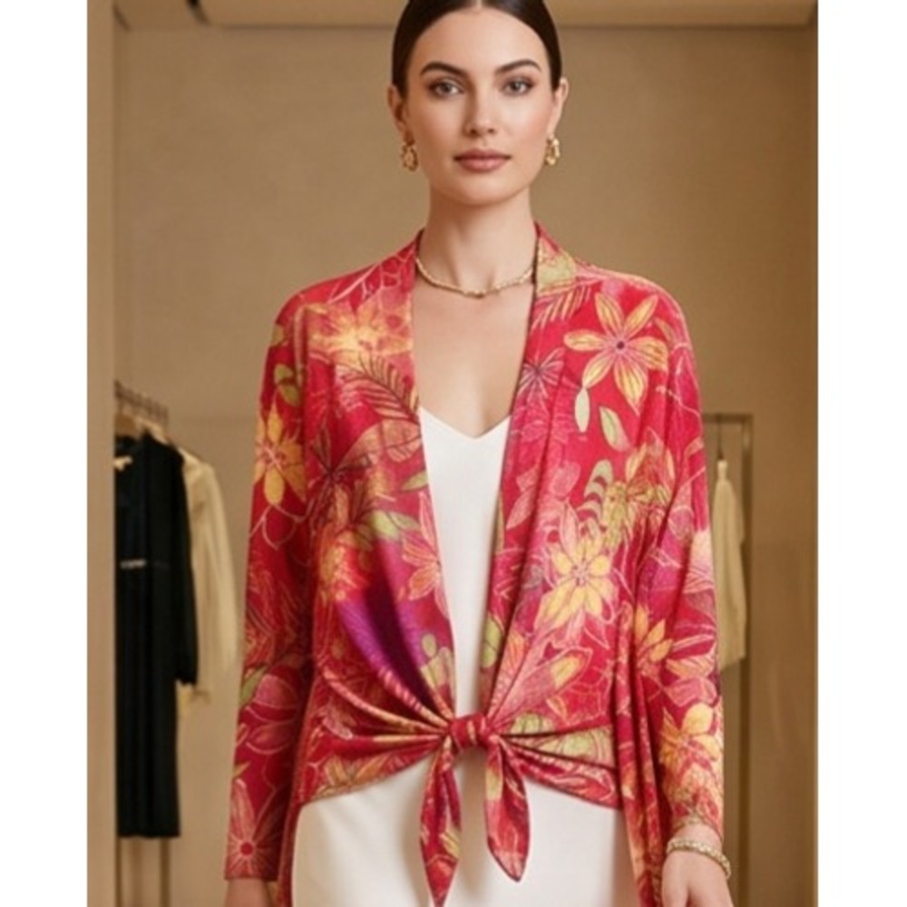 Jostar XL Vintage Red Floral Front Tie Open Cardigan Jacket Made in USA